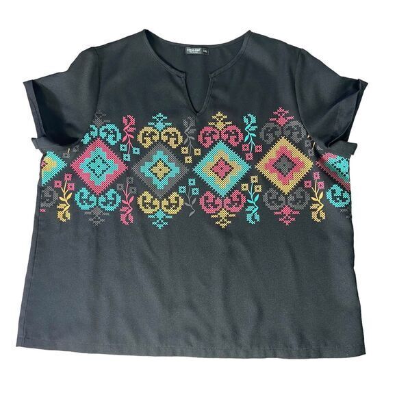 SHEIN CURVE Women Black Floral Print Short Sleeve Blouse Top Plus Size 1XL - Picture 5 of 8